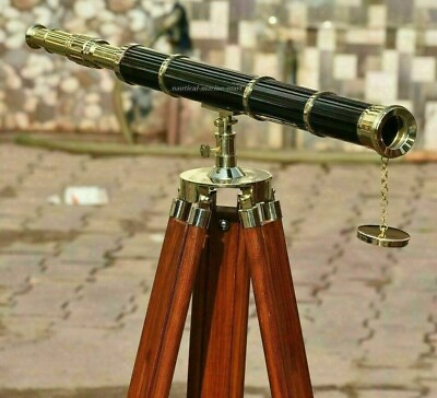 #ad Nautical Floor Standing Brass Leather Telescope with Wooden Tripod Stand Gift