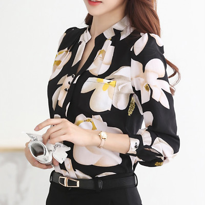 #ad Women V neck Shirt Fashion Long Sleeve Floral Print Blouse Office OL Dress Tops