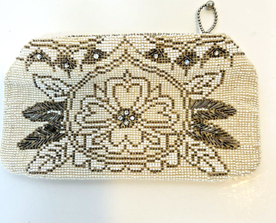 #ad Vintage Beaded Evening Bag Purse Czechoslovakia White and silver beading clutch