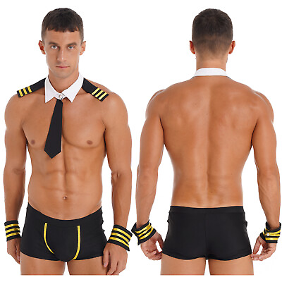 #ad Men Sexy Sailor Tuxedo Waiter Costume Lingerie SetBoxer Briefs Underwear Trunks
