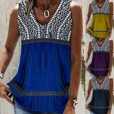 #ad Womens Sleeveless Loose Vest Shirts Ladies Summer Blouse Tops Tee Plus Size US