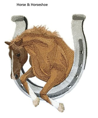 #ad Lucky Charm Horse with Horse Shoe Brown Stallion Embroidery Iron On Sew Patch