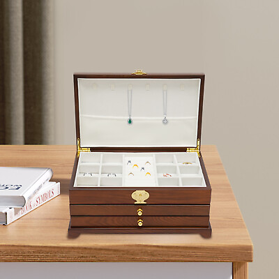 #ad Large Wooden Jewelry Storage Box 3 Layers Organizer 2 Drawers Cabinet