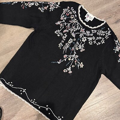 #ad MAGGIE SWEET Tunic Sweater Large Black Embroidered Flowers Crochet Trim EC