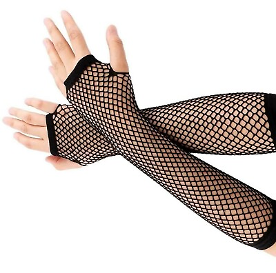 #ad Goth Black LONG FISHNET MESH ARM WARMER SLEEVE Fingerless Cosplay Costume Gloves