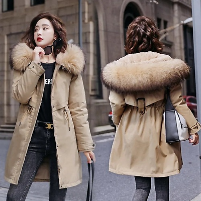 #ad Winter Jacket Women Parkas Long Coat Fur Lining Cotton Fur Collar Hooded Parkas