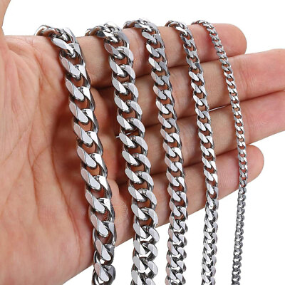 #ad 16quot; 30quot; Stainless Steel Silver Chain Cuban Curb Men Women Necklace 3 5 7 9 11mm
