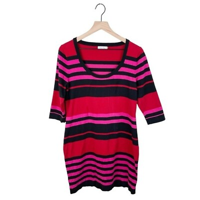 #ad Calvin Klein Black Pink Red Knit Striped Dress Cotton Nylon Women#x27;s Size Large