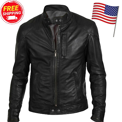 #ad Cafe Racer Biker Leather Jacket Black Soft Sheep Skin Leather