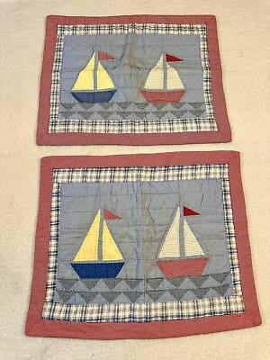 #ad Nautical Quilted Pillow Sham Set Sailboat Embroidered Red White Blue Zip 30x24”