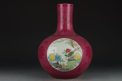 #ad 14quot; China Old dynasty Porcelain yongzheng mark famille rose peacock peony vase