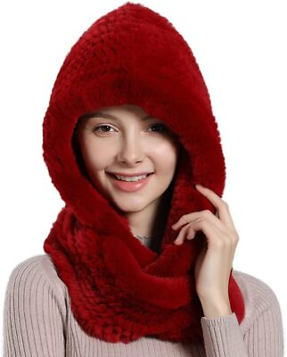 #ad Winter Warm Real Rex Rabbit Fur Hat Women 2 in 1 Function Hoods with Scarf...