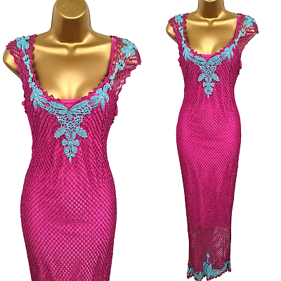 #ad UK 12 Karen Millen 3 Vintage Pink Blue Crochet Knit Wiggle Midi Summer Dress