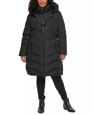 #ad Parka women#x27;s Winter jacket with hood trimmed in faux fur Black lined. NWoT