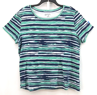 #ad Bay Studio Shirt Womens 1XL Blue Striped Short Sleeve 100% Cotton Sydney Tee