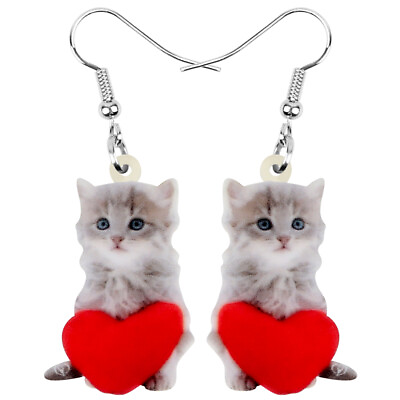 #ad Valentine#x27;s Day Acrylic Sweet Heart Cat Earrings Dangle Gift Pets Charms Jewelry