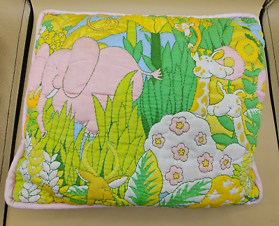 #ad Vintage Hand Made MOD pink green Jungle Animals elephant throw pillow Nursery