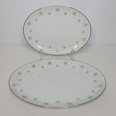 #ad Pair of Fine China of Japan Fantasy Gray Snowflake Oval Serving Trays 7550