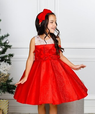 #ad Dress Girls Red Embroidered Rosette Gown Lace Holiday Dress