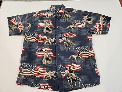 #ad Bit amp; Bridle Mens Short Sleeve Shirt Horse American Flag Cotton Blue Size Large
