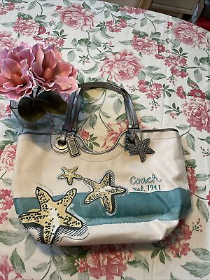 #ad COACH Beach Tote Carryall White Blue Cream Silver Shoulder Bag Starfish Ocean