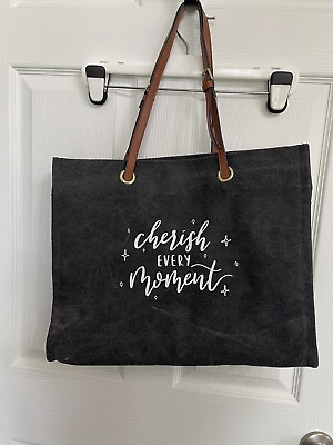 #ad Most Wanted Charcoal gray black canvas tote bag quot;Cherish Every Momentquot;