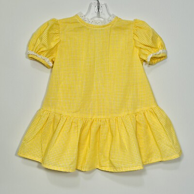 #ad Handmade Baby Dress Sz 2T Yellow White Gingham Puff Sleeve Eyelet Vintage