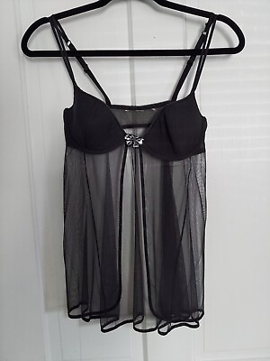 #ad Babydoll Lingerie Size S Black Sheer Sequins Adjustable Straps