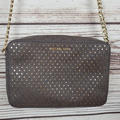 #ad Michael Kors Jet Set East West Signature Brown Red Gold Perforated Crossbody Bag