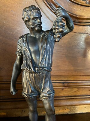 #ad Antique Statue Copper Figurine Grapes Man Sculpture Decor Art Rare Old 19th