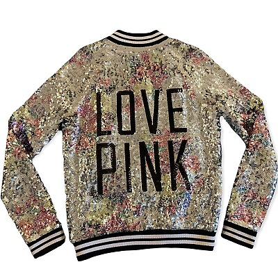 #ad Rare Victorias Secret Love Pink flower Sequin Varsity Jacket size small