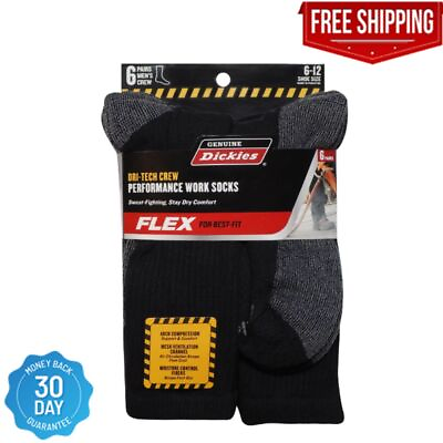 #ad 6 Pack Genuine Dickies Mens Dritech Crew Socks Moisture Control Black Size 6 12