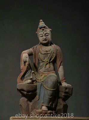 #ad 14.8quot; Rare Old Chinese Wood Carved Buddhism Sit Kwan yin Guan Yin Goddess Statue