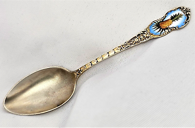 #ad Enameled Pineapple Sterling Silver Souvenir Spoon Tropical No 55 Gold Wash 4.25quot;