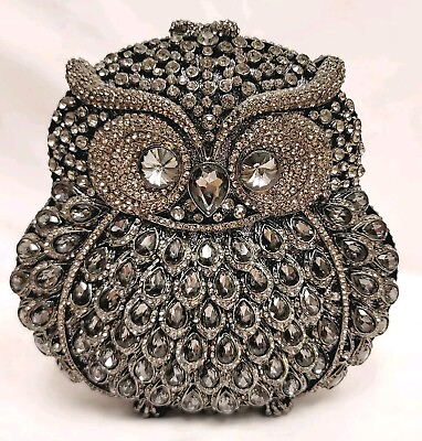 #ad Fawziya Owl Gray Metal Rhinestone Evening Purse Clutch Evening Bag