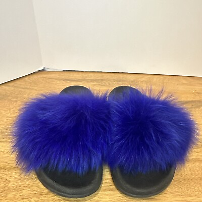 #ad Blue Faux Fur Slides Fluffy Slippers Soft Sandals Sz 10