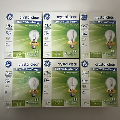 #ad GE 75 WATT Light Bulb Crystal Clear 1050 Lumens Dimmable Classic 12 Bulbs 6 Pack