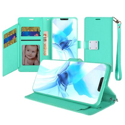 #ad For iPhone 12 6.1 Wristlet Magnetic Metal Snap Wallet Case Two Row Card Teal