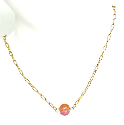 #ad Pink amp; Peach Glass Ball Pendant Necklace 18quot; 2 Stainless Steel Paperclip Chain