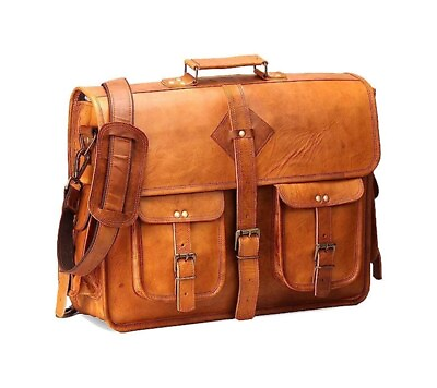 #ad Vintage Distressed Tan Leather Messenger Shoulder Laptop Bag Briefcase Men Women