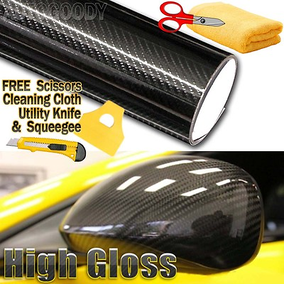 #ad 10ft x 1ft HIGH GLOSS 5D Black Carbon Fiber Vinyl Wrap Bubble Free 120quot; x 12quot; 6D