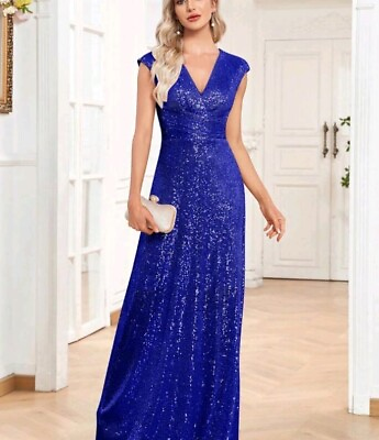 #ad Blue Sequined Formal Gown