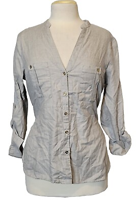 #ad WOMENS ZARA GRAY BUTTON UP ROLL UP SLEEVE BLOUSE SIZE M A