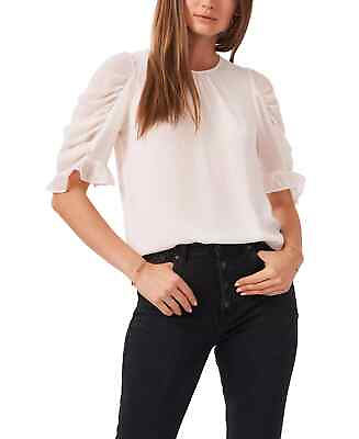 #ad 1. STATE Women#x27;s Small Soft Ecru White Puff Sleeve Gathered Crew Neck Top