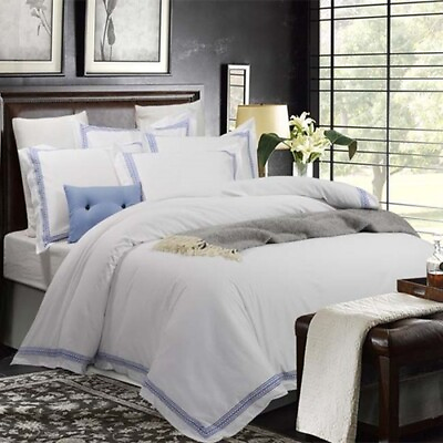 #ad Luxury Plain Solid White Color Stripe Bedding Set Duvet Cover Set Bed Embroidery