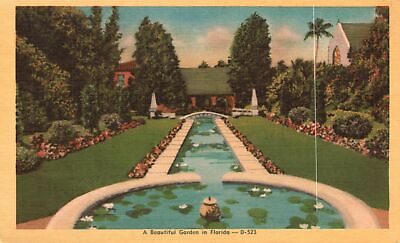 #ad Vintage Postcard Beautiful Garden Breathtaking Pond Flower Landscapes Florida FL