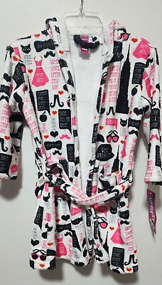 #ad New York City Theme Girls Plush Hooded Robe Size Small 8 Pretty Pink