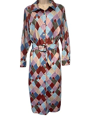 #ad Eloquii Trench Womens 16 Plus Size Belted Faux Leather Diamond Multicolor Dress