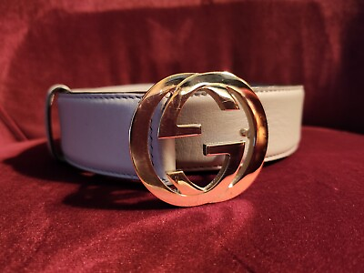 #ad Gucci Gray Calfskin Leather Gold Interlocking GG Buckle Belt 85 34 