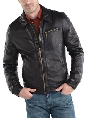 #ad New Leather Jacket Mens Biker Motorcycle Real Leather Coat Slim Fit Black #1050